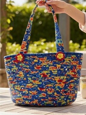 Handmade Blue Coiled Rope Quilted Basket Tote